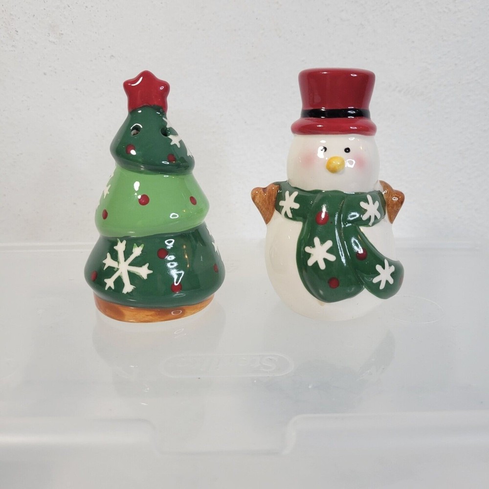 Christmas Tree and Snowman Salt and Pepper Shakers 3-7/8” Stoppers still in both